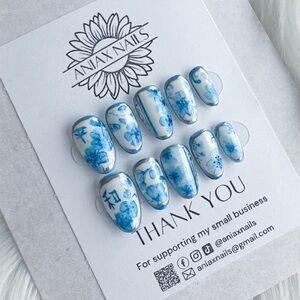 Blue Floral Happiness & Peace Press-On Nails
